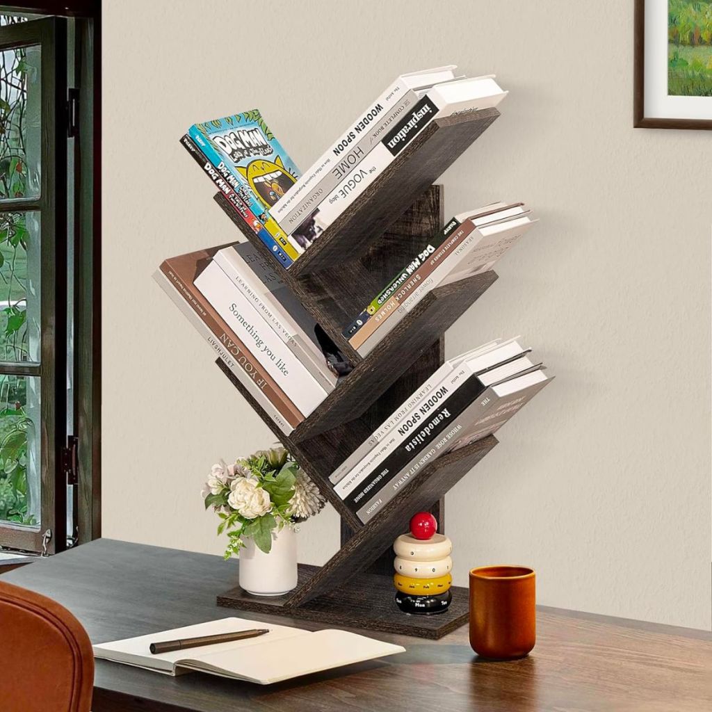 SHEEPAM 5 Tier Tree Desktop Bookshelf on a desk filled with books