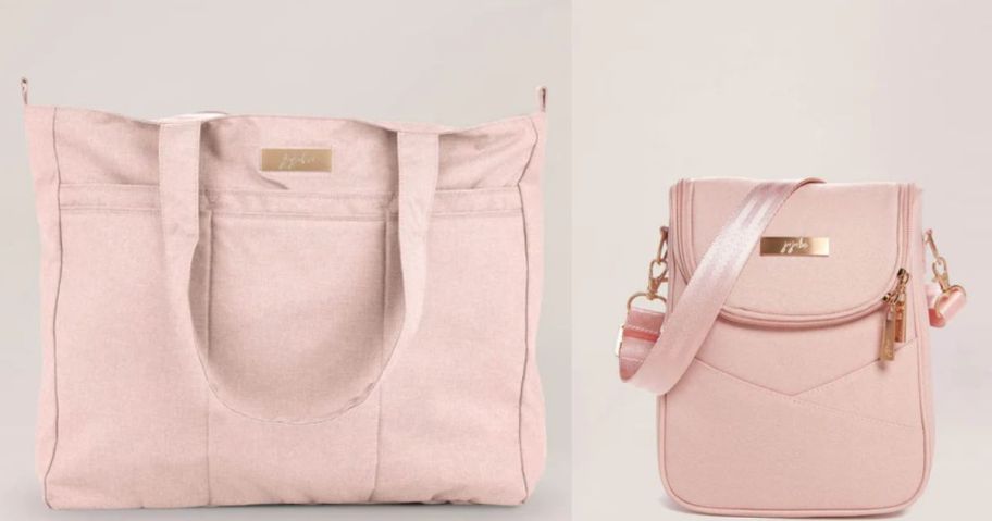 a large pink tote bag next to a smaller pink cooler bag