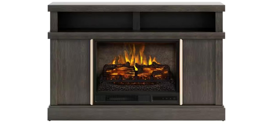 dark wood tv stand with electric fireplace in center