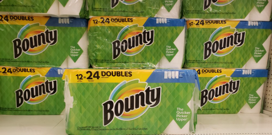 Several Bounty paper towels packages on a shelf at the store