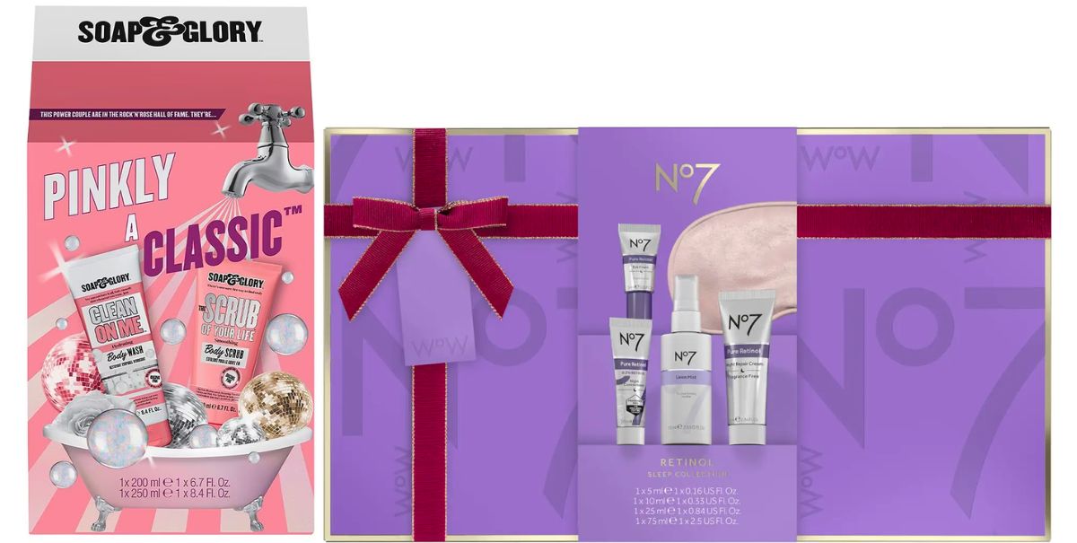 Soap Glory Pinkly A Classic Gift Set and No 7 retinol gift set tock images 
