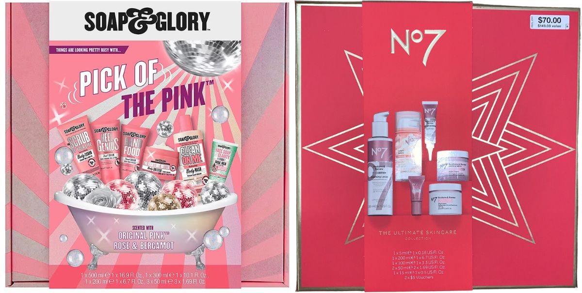 Soap n glory and No 7 giftsets stock images