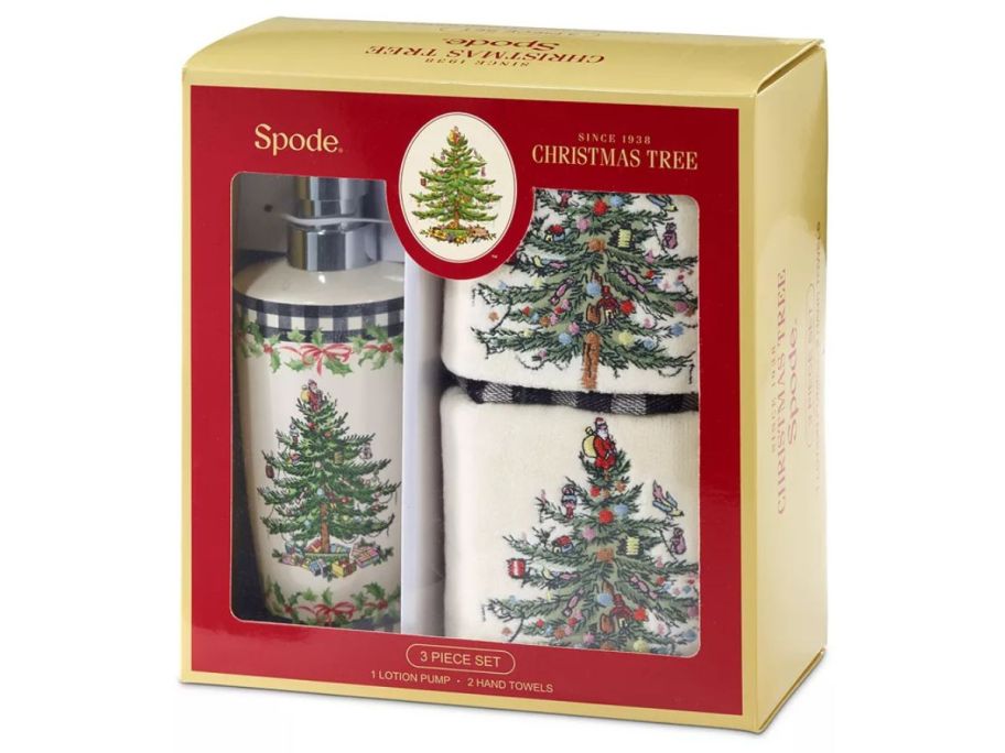 Spode Christmas Tree 3-Piece Lotion Pump & Towel Set stock image