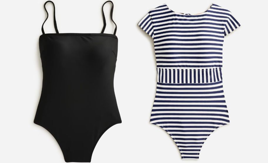 a black square neck and a blue and white striped cap sleeve one-piece jcrew swimsuits