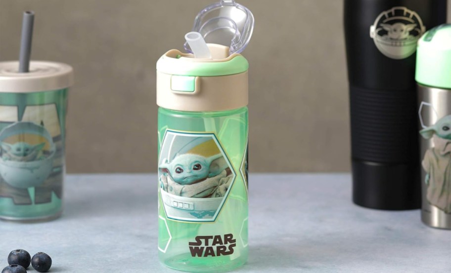 Star Wars water bottle and tumbler in the background