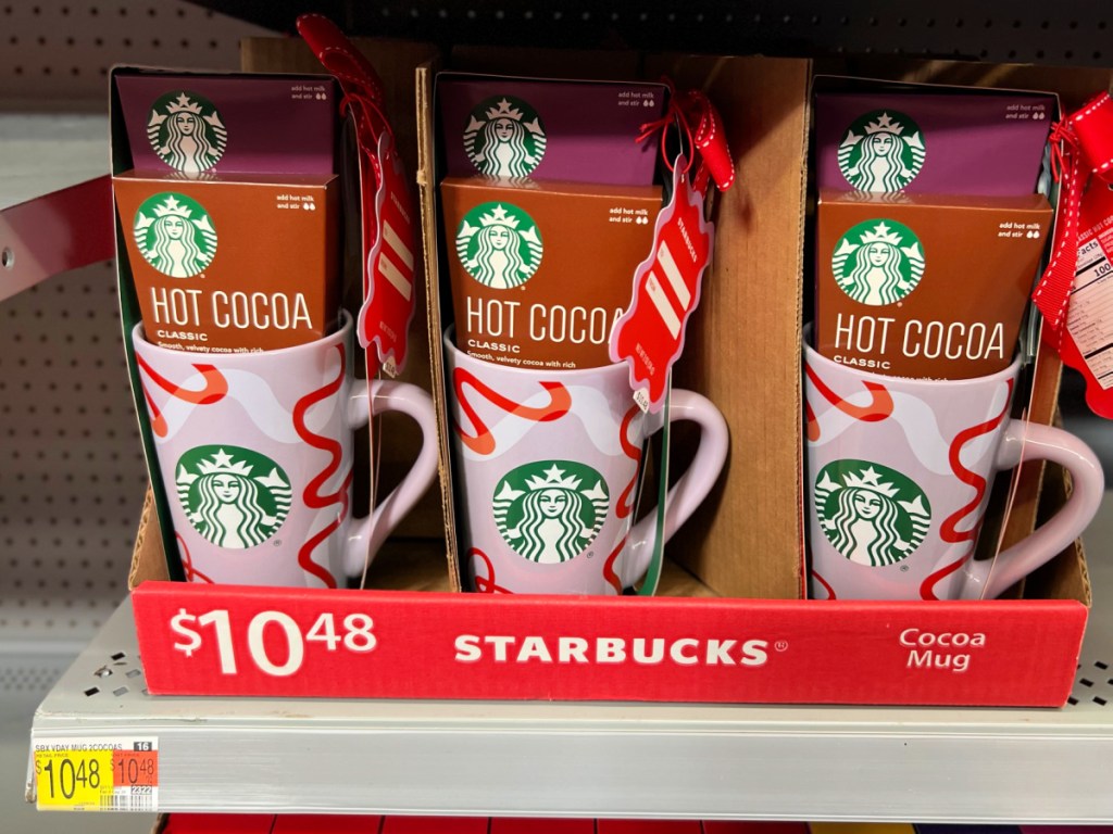 Valentine's Day themed Starbucks cocoa mug set on display in Walmart store