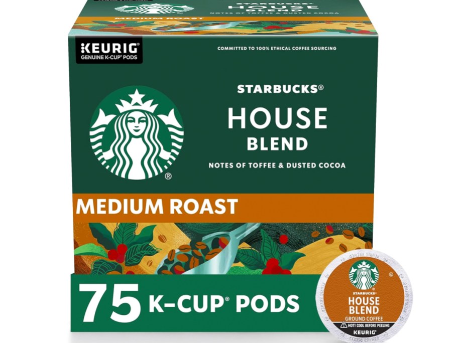 green 75-count box of Starbucks Medium Roast House Blend K-Cup Coffee Pods