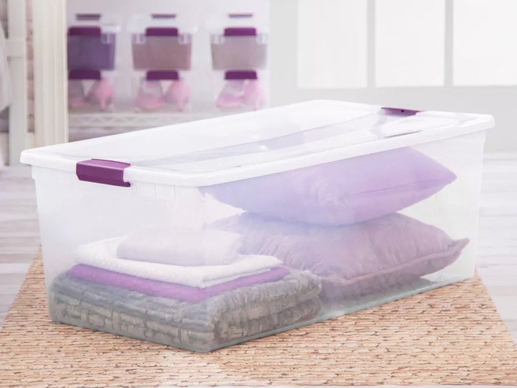 clear storage container with bedding inside it