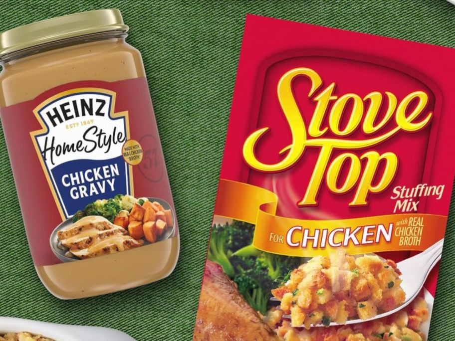 A jar of Heinz Chicken Gravy and a Box of Stove Top Chicken Stuffing mix