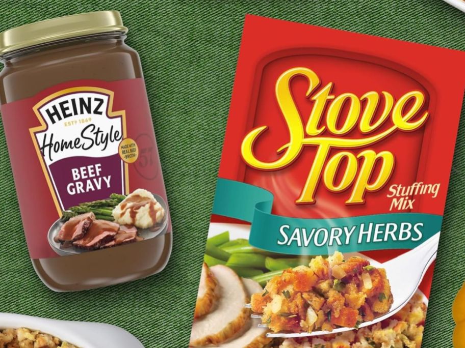 A Jar of Heinz Beef Gravy and a Box of Stop top Stuffing Mix