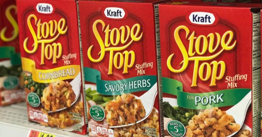 Boxes of different flavors of Stove-Top Stuffing Mixes on a shelf at a store