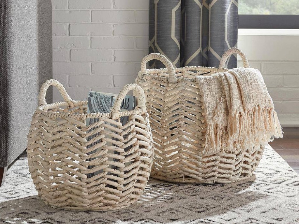 StyleWell Ivory Round Water Hyacinth Decorative Basket w_ Handles 2 Pack
