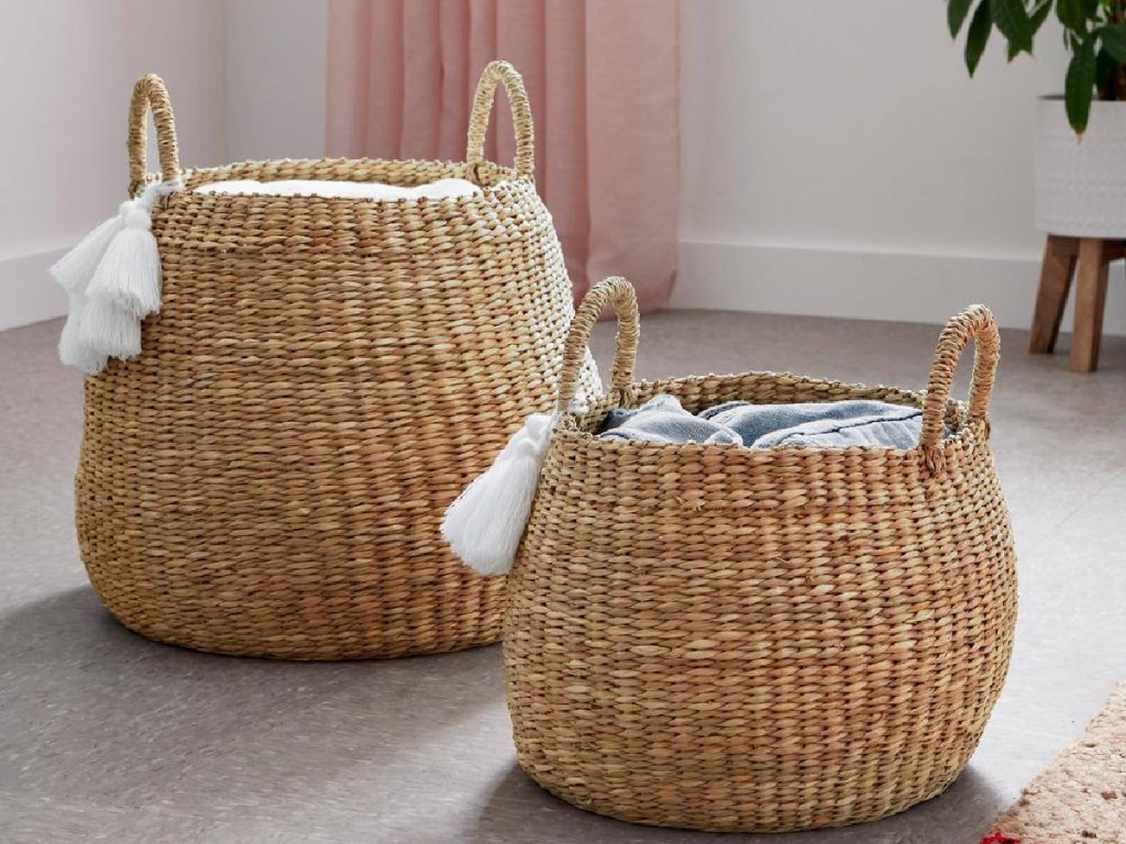 StyleWell Round Natural Water Hyacinth Decorative Baskets w_ White Tassels 2 Pack