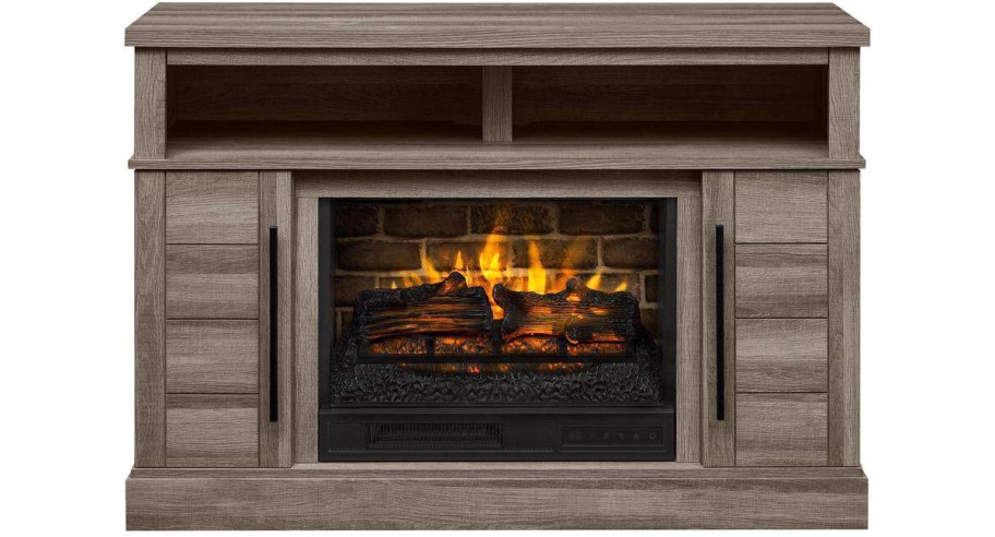 wood tv stand with electric fireplace in center