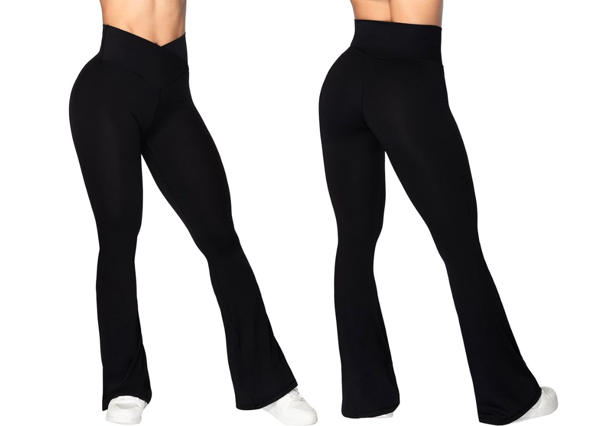 Sunzel Flare Crossover Yoga Pants front and back view stock image