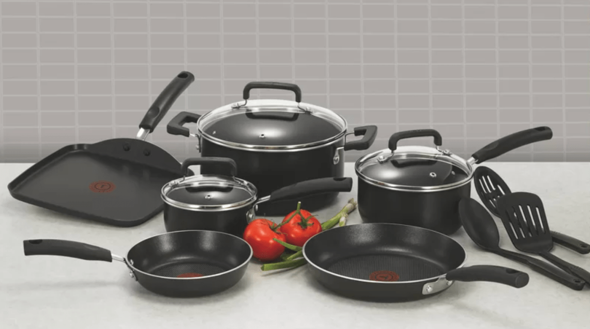 A 12-piece set of T-Fal non-stick cookware, one of the last minute Christmas presents to buy someone