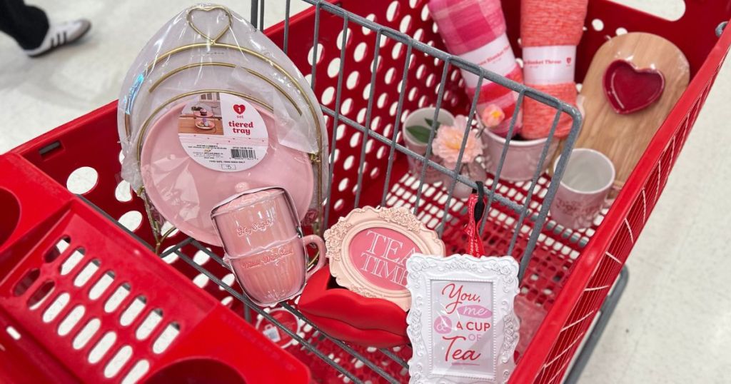 A target shopping cart full of Valentine's Day items from Bullseye's Playground
