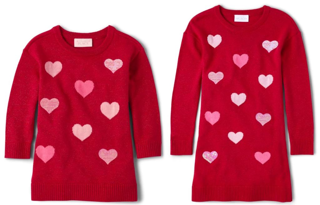 The Children’s Place Baby Toddler & Girls Sequin Heart Sweater Dresses stock image of red sweater dresses with pink sequined hearts on them