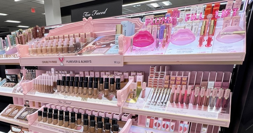 store display of too faced cosmetics