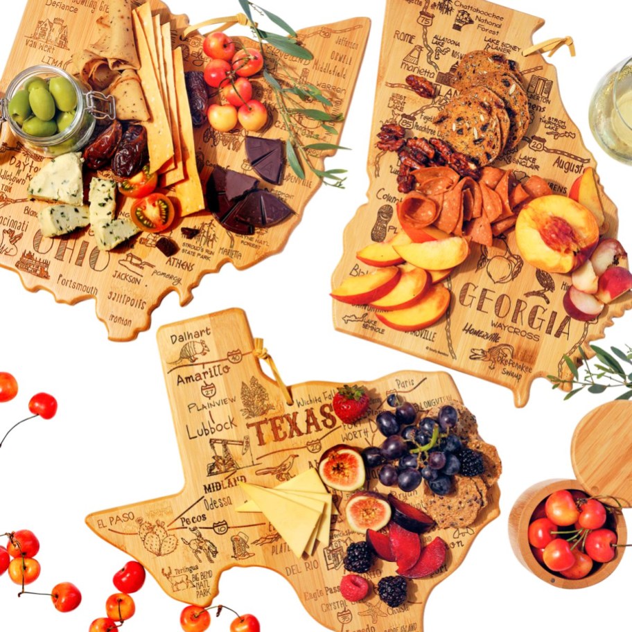 Ohio, Georgia, and Texas cutting boards with various foods on top