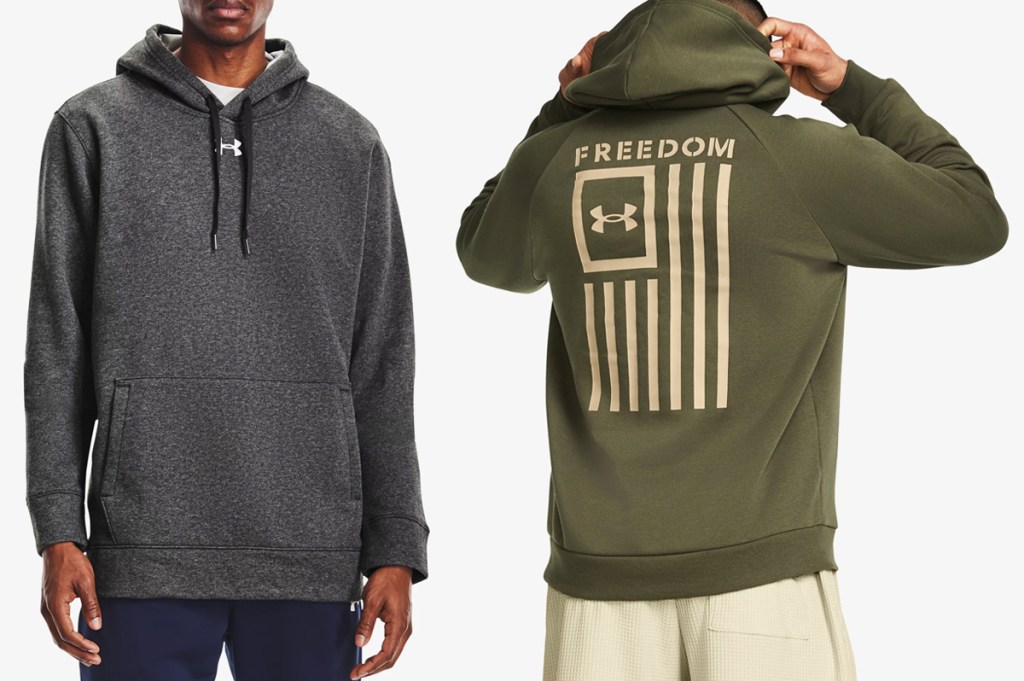 men in grey and green under armour hoodies