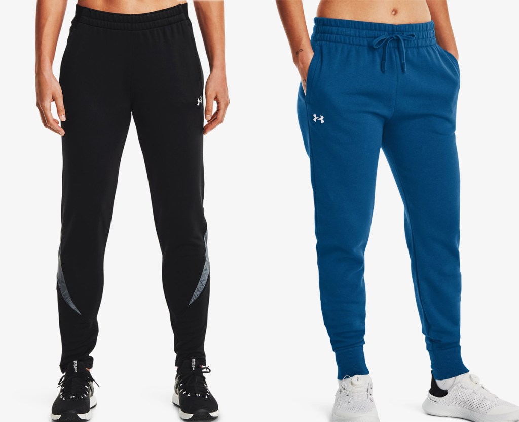 two women in black and blue under armour fleece pants