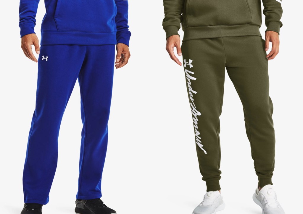 two men in blue and green under armour fleece pants