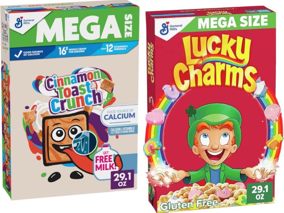 cinnamon toast crunch and lucky charms mega size cereal boxes