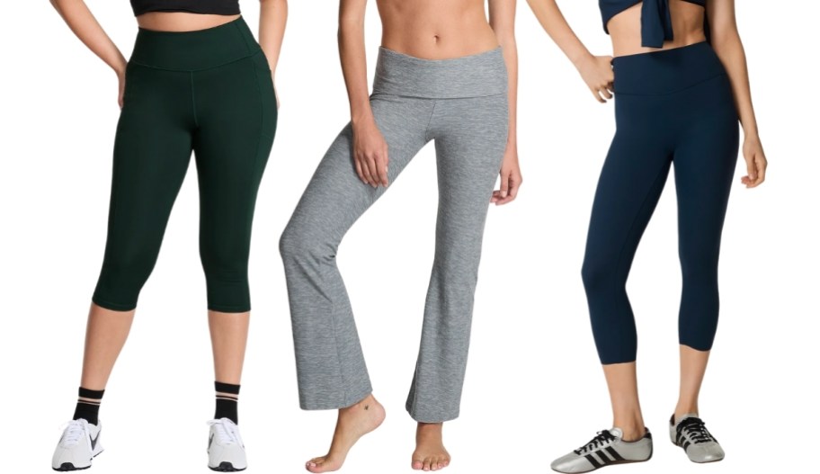 three models wear three different styles of leggings