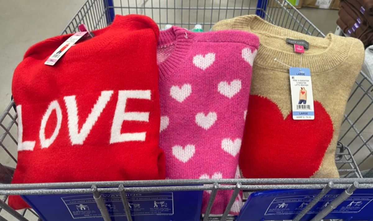 Vince Camuto Women’s Valentines Day Sweaters in a cart at sams club