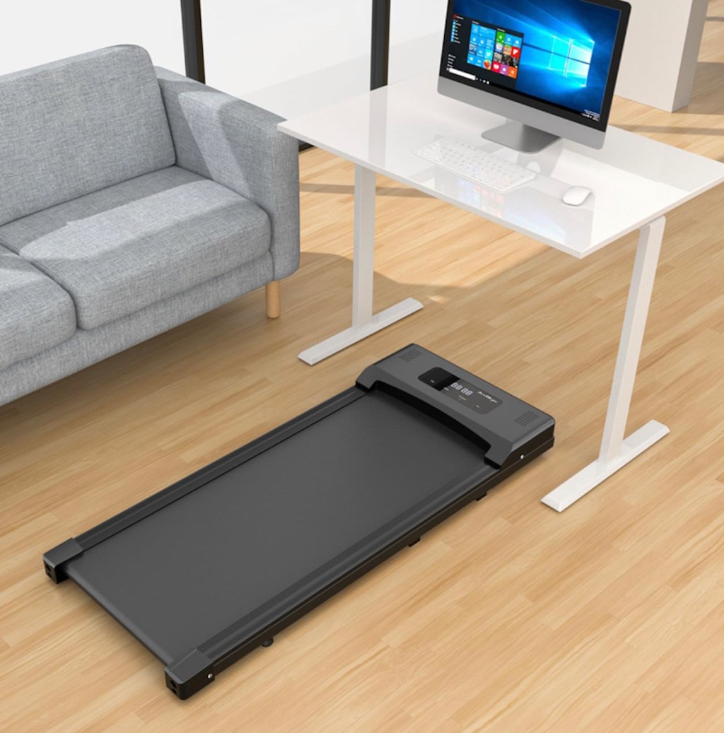 Walking pad under desk, treadmill on wood floor