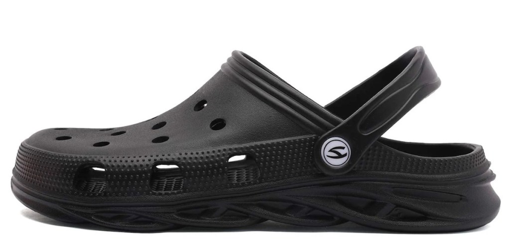 Stock photo of black clog shoe that looks like crocs