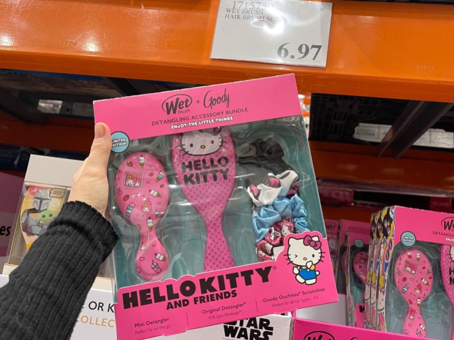 a womans hand displaying a Wet Brush hello kitty detangler set