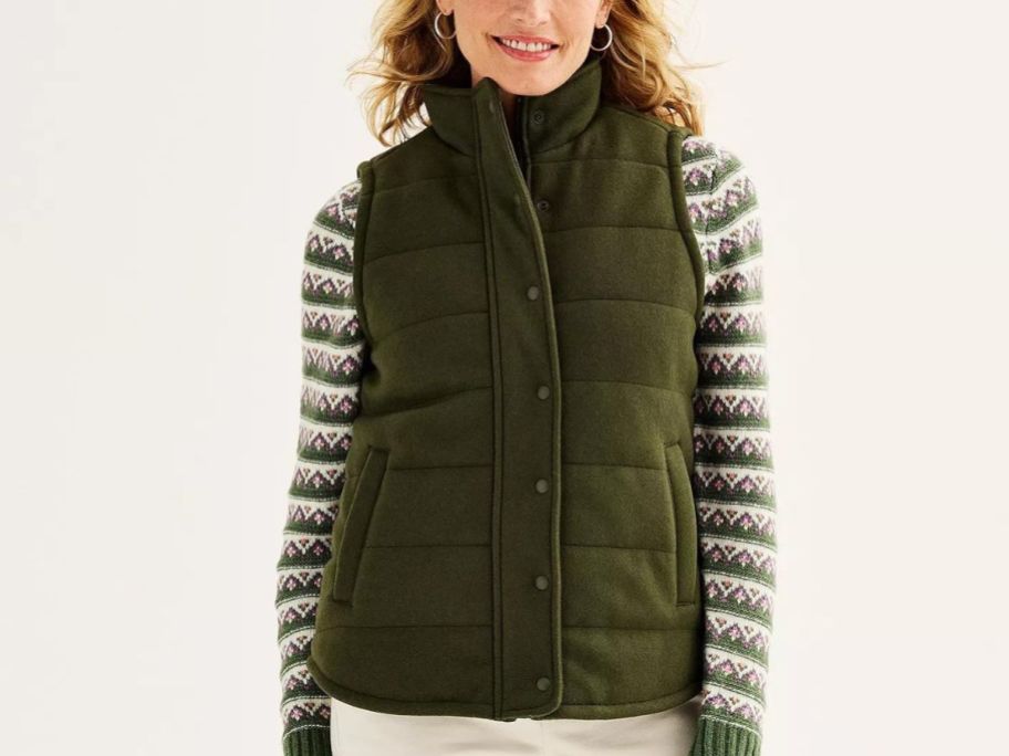 A woman wearing a Croft & Barrow Quilted Vest