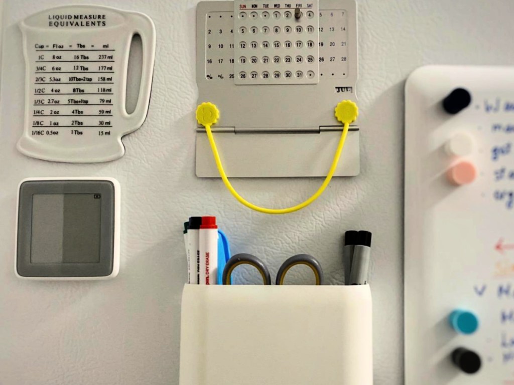 yellow Silicone Cable Tie holding calendar on refrigerator