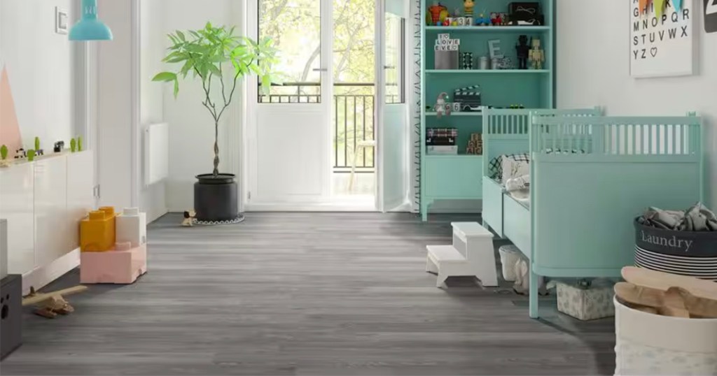 gray hardwood vinyl flooring in kids bedroom