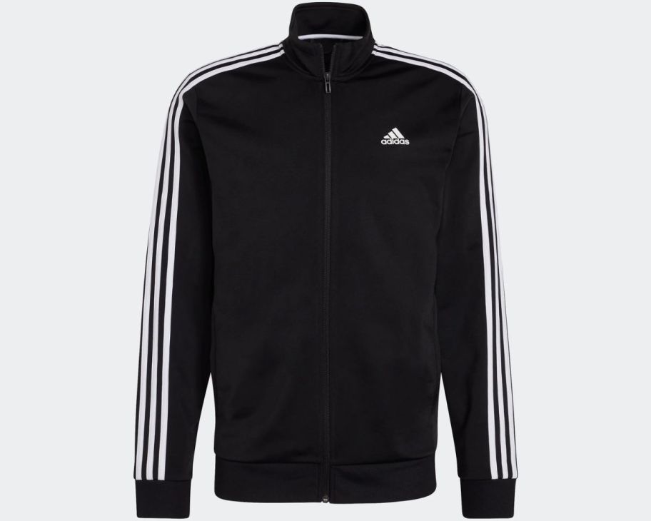 a black long sleeve mens warmup jacket with white vertical stripes on the sleeves