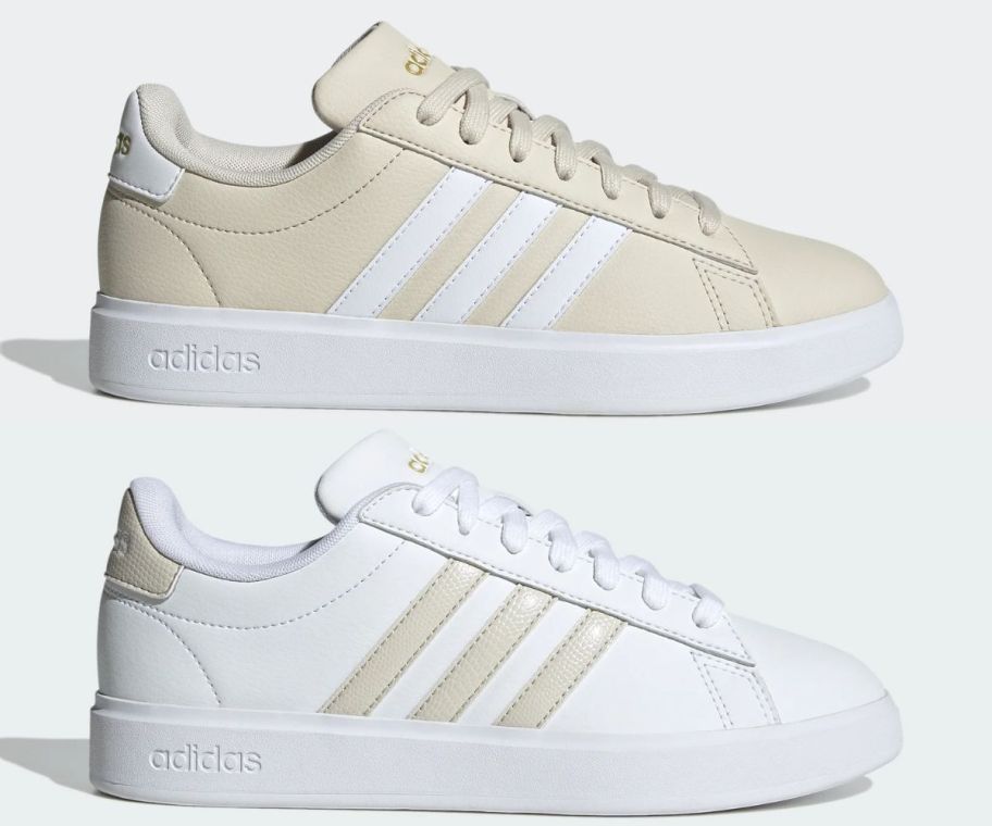 two leather womens sneakers, on in white and aluminum and one in aluminum and white