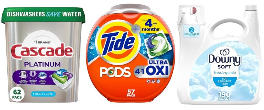 cascade, tide, and downy products on white background