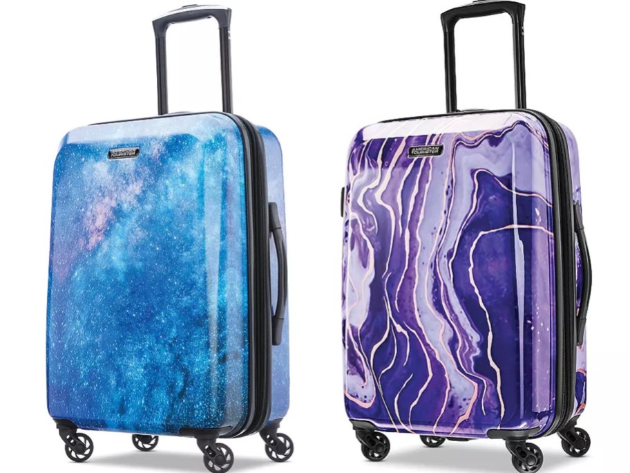 two american tourister hardside spinner luggage in galaxy and purple marble