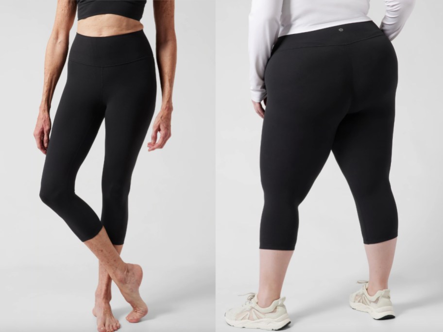 two women in black leggings showing front and back