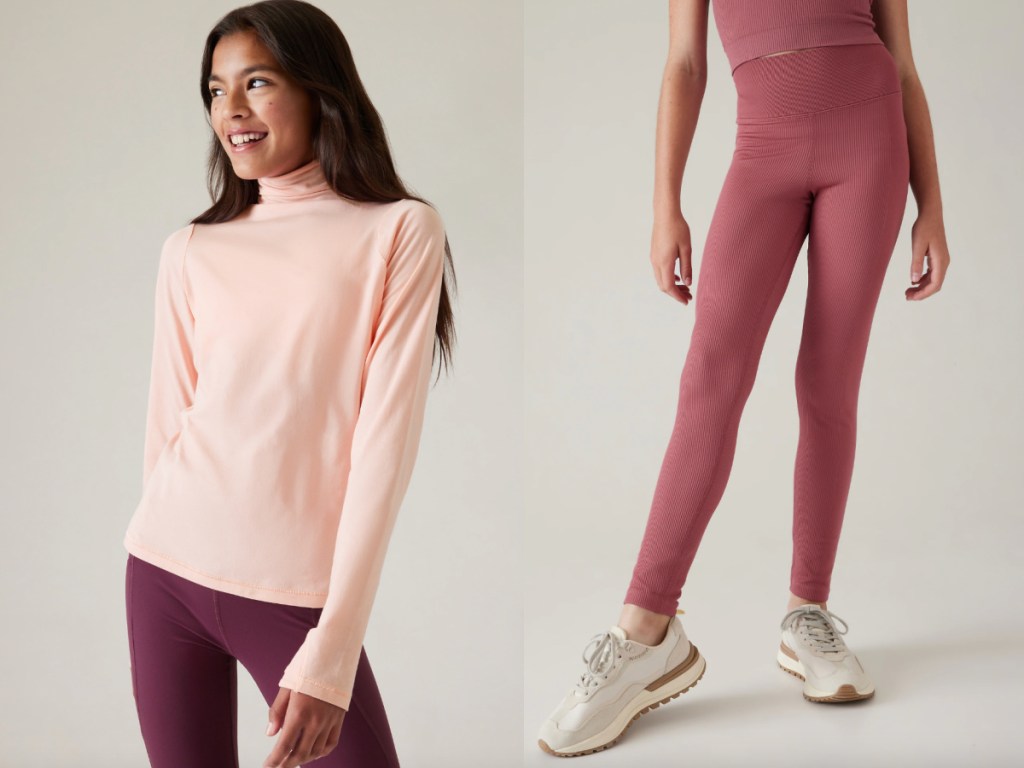 girls wearing light pink turtleneck and ribbed mauve tights