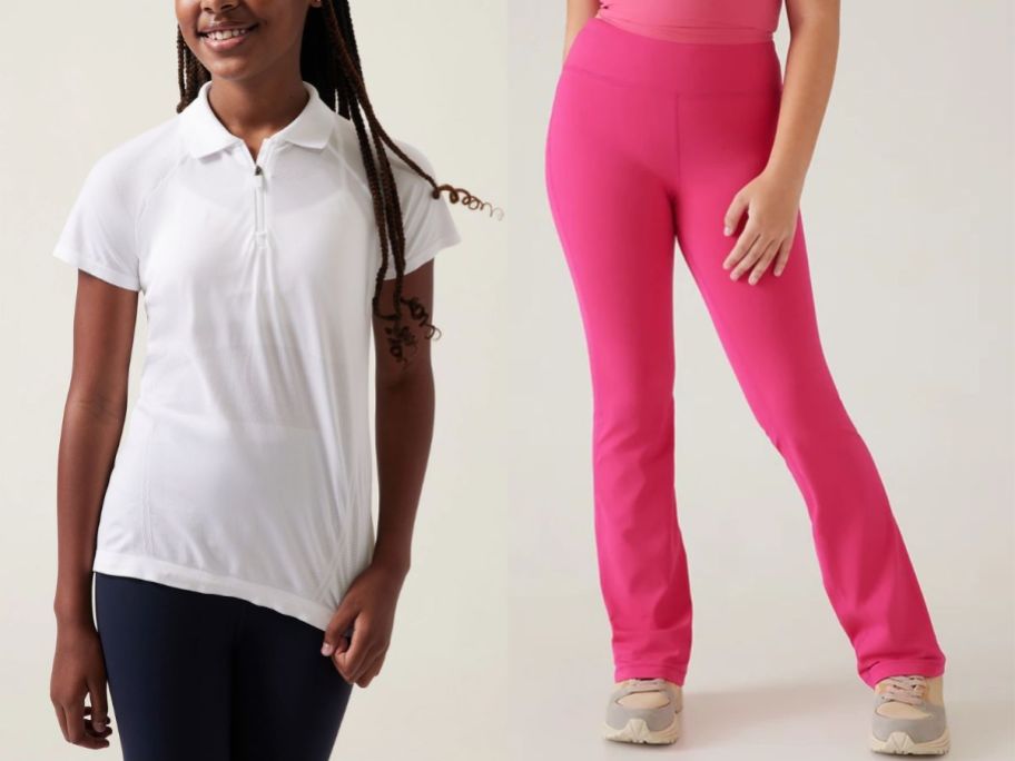 girl wearing a white polo shirt and girl wearing hot pink flare pants