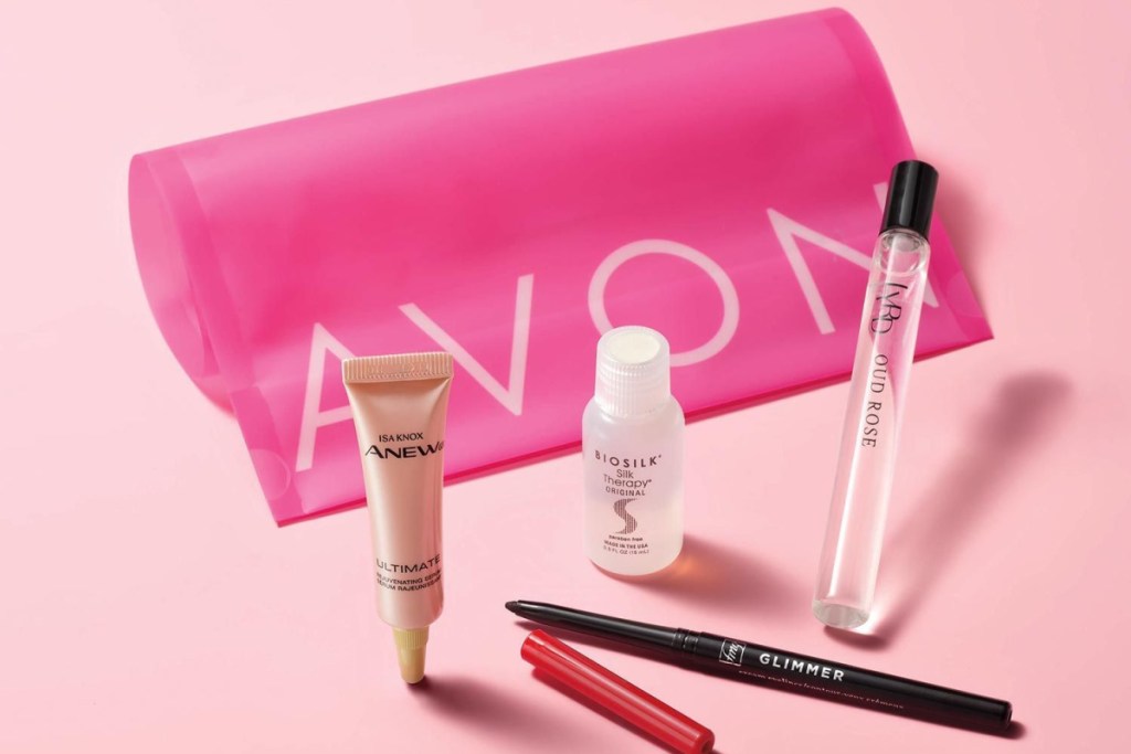 travel mini beauty products next to avon bag