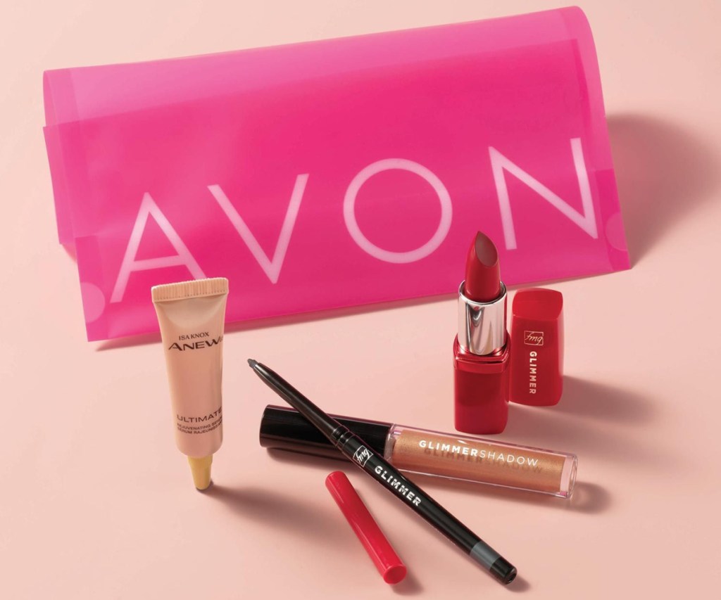 travel size beauty products next to avon bag