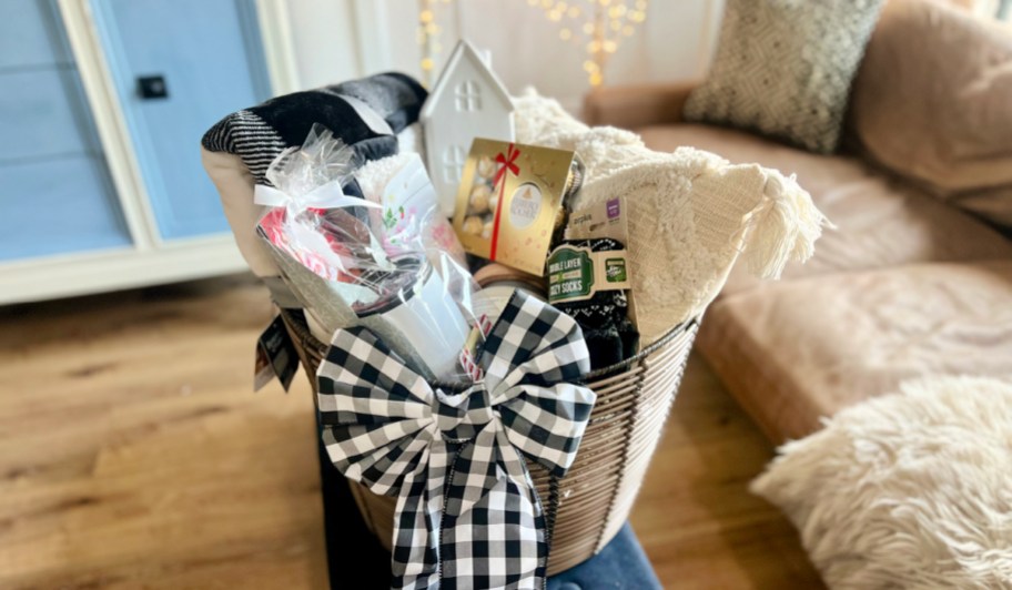 basket with cold weather gifts and essentials