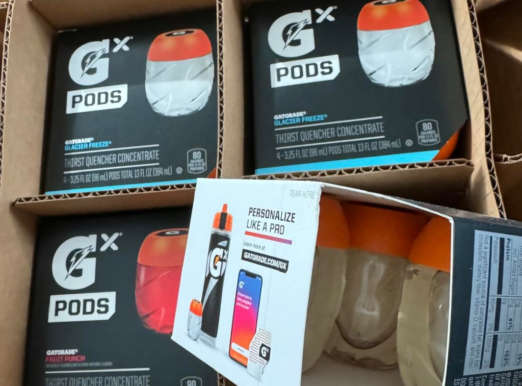 box filled with boxes of Gatorade gx pods