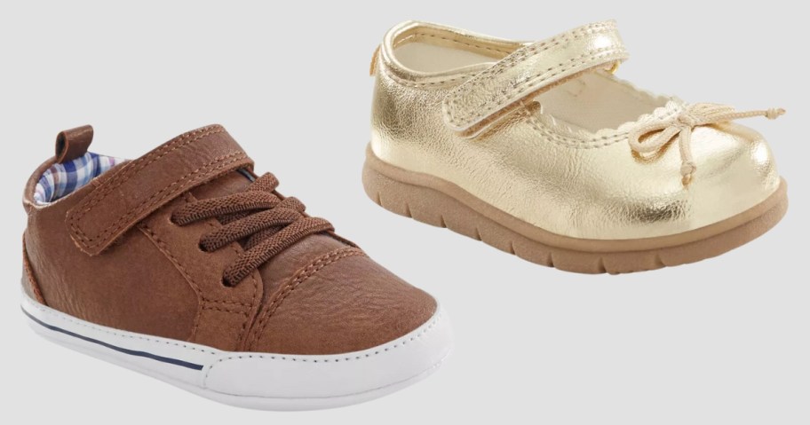 a baby's brown and white sneaker shoe and a gold dress shoe