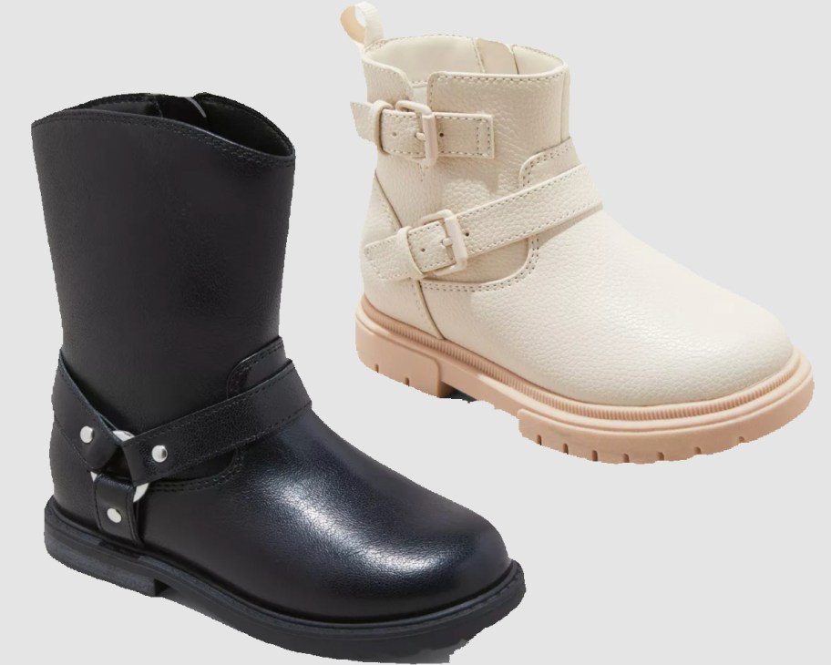 black and cream kids buckle boots