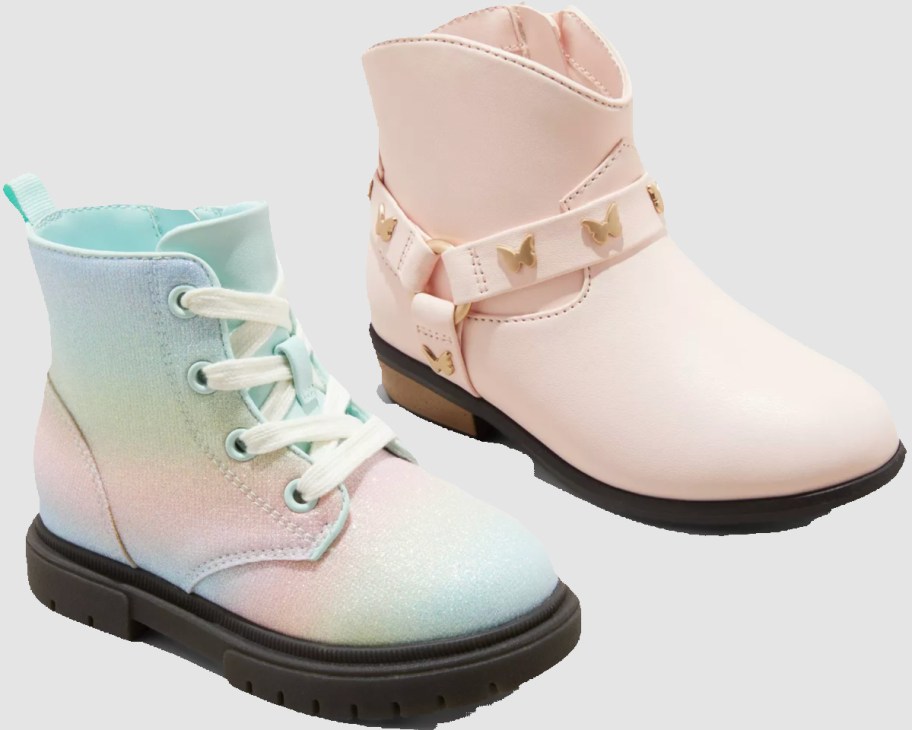 pink butterfly and rainbow toddler boots